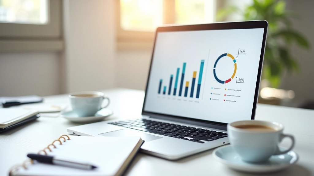 Ordinateur portable ouvert avec des graphiques de croissance et un cahier rempli de notes d'automatisation