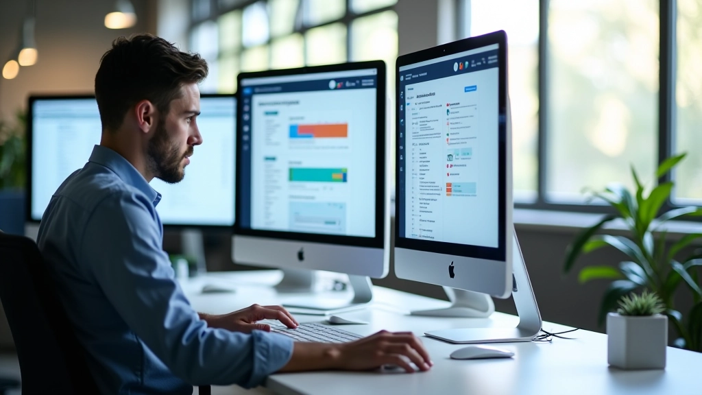Espace de travail professionnel avec systèmes d'automatisation avancés et tableaux de bord en temps réel