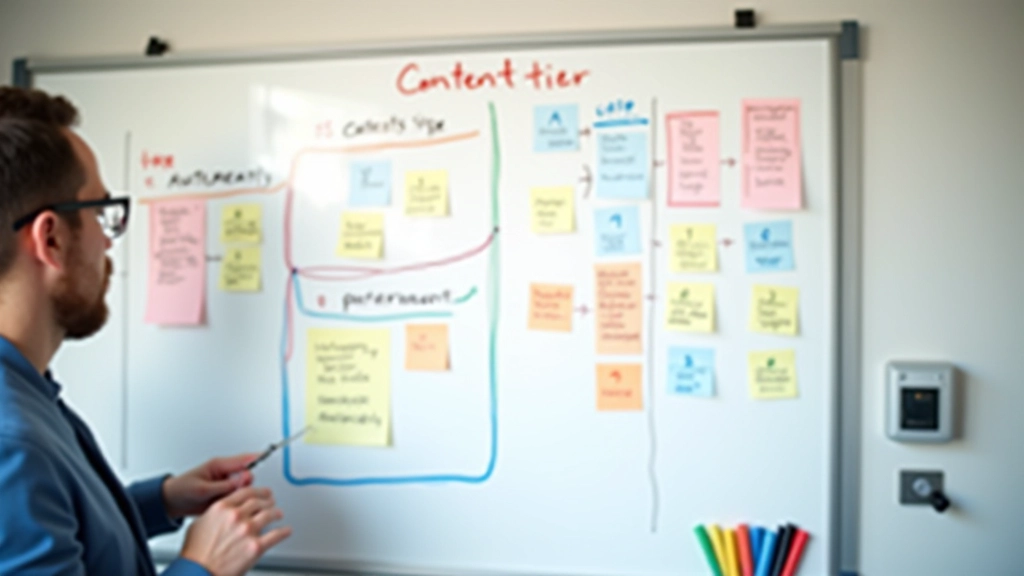 Structure de contenu par paliers affichée sur un tableau blanc avec des étapes clairement organisées