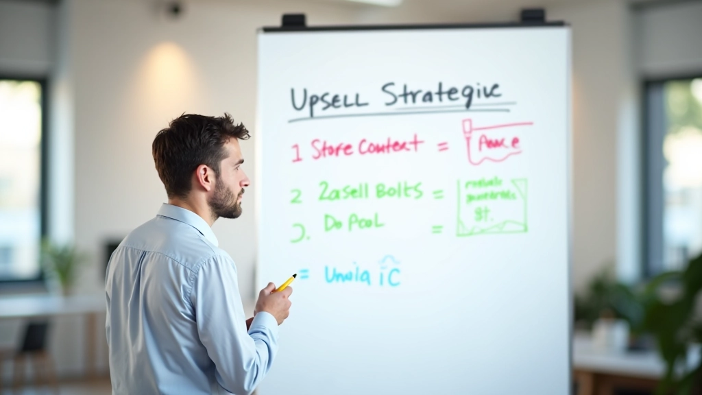 Tableau blanc avec stratégie d'upsell montrant les étapes d'une vente additionnelle progressive