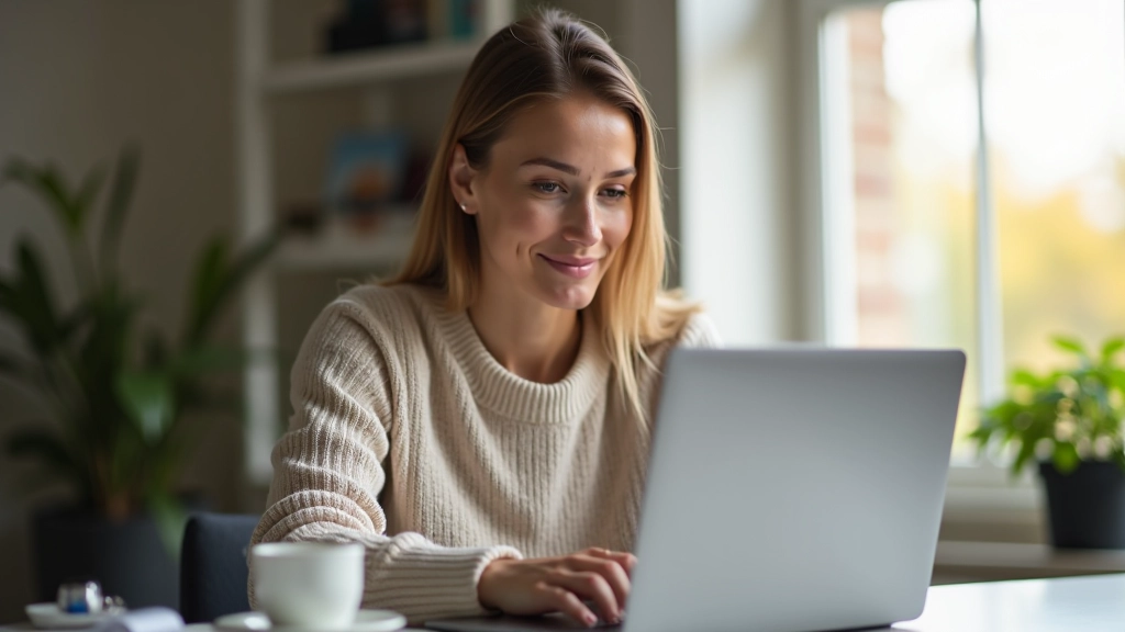 Personne travaillant sur un ordinateur portable avec un café, rédigeant une séquence email, lumière naturelle